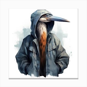 Watercolour Cartoon Heron In A Hoodie Canvas Print