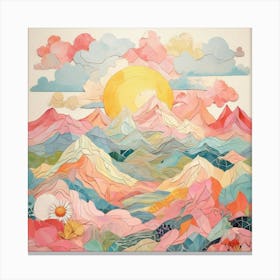 Sunny Mountain Mosaic A Playful Pastel Landscape Illustration 1 Canvas Print