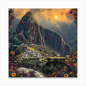 Machu Picchu, with flowers, retro collage Canvas Print
