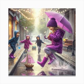 Children Playing In The Rain Canvas Print