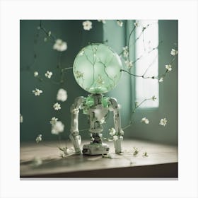 Porcelain And Hammered Matt Green Android Marionette Showing Cracked Inner Working, Tiny White Flowe Canvas Print