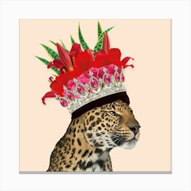 Royal Leopard Wearing Floral Crown In Cream 1 Canvas Print
