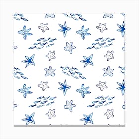 Marine Blue Sea Stars Illustration Pattern On White Background Canvas Print