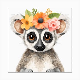 Floral Baby Lemur Nursery Illustration (9) Canvas Print