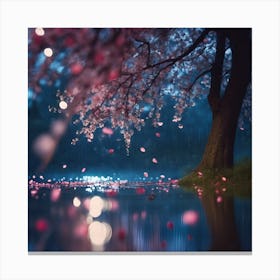 Midnight Moonshine on the Lake with Cherry Blossom Petals Canvas Print