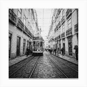 Black And White Photo Lisbons Vintage Tramway Weaving Through Narrow Historic City Streets Tram D Canvas Print