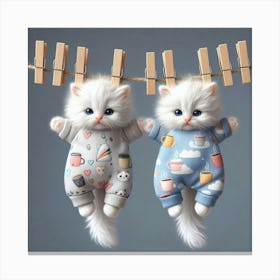 Two Kittens Hanging On Clothesline Canvas Print