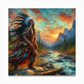 Oil Texture Native American Warrior By Stream 3 Copy Canvas Print