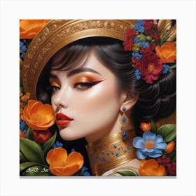 Beautiful Fashion Women In Flowers And Gold As A Bright Color Painting Canvas Print