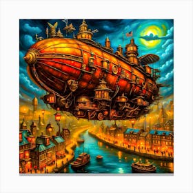 Steampunk airship over the river at night. Canvas Print