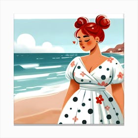 Redhead Girl In Polka Dot Dress in Beach View Canvas Print