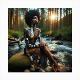 Afro-American Woman Sitting On Rocks Canvas Print