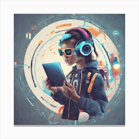 Child With Headphones And Tablet 1 Canvas Print