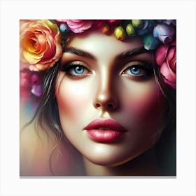 Beautiful Woman With Flowers On Her Head Canvas Print