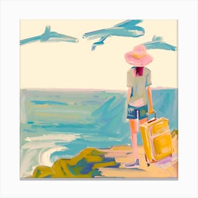 Girl With Suitcase On The Beach Canvas Print