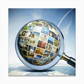 A magnifying glass with a globe made of images inside. Canvas Print