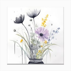 Watercolor Flowers In A Vase Monochromatic Canvas Print