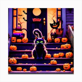 Halloween Cat In Front Of House 1 Canvas Print