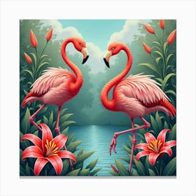 Flamingos By Blooming Lilies 1 Canvas Print