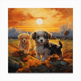 Puppies At Sunset Canvas Print