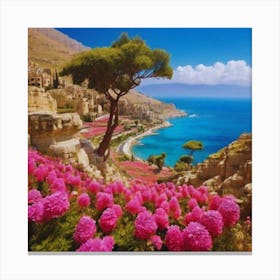 Pink Flowers By The Sea 2 Canvas Print
