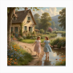 Two Girls Walking By A Stream 1 Canvas Print