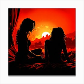 Two Women Sitting On A Bed Canvas Print