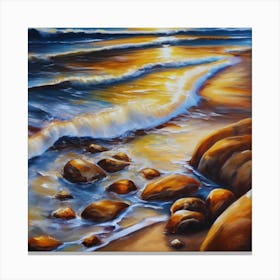 The sea. Beach waves. Beach sand and rocks. Sunset over the sea. Oil on canvas artwork.40 Canvas Print