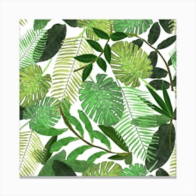 Green Tropical Watercolor Leaves Pattern Square Canvas Print