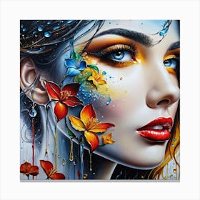 Portrait Of A Women Face With Waterdrops Floating Colors And Flower Decoration As A Beautiful Oil Painting Canvas Print