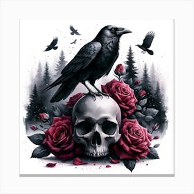 Crow on Skull with Roses Canvas Print