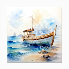 Watercolor Boat On The Beach Canvas Print