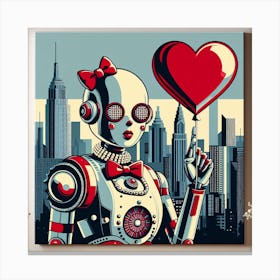 A Pop Art and Futuristic Painting of a Robot with Pearl Earrings and a Red Bow, with a Heart-Shaped Balloon and a Cityscape as Elements Canvas Print