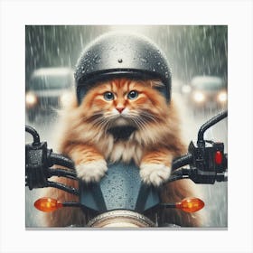 Cat Riding Motorcycle In Rain 1 Canvas Print