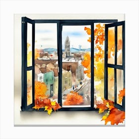 Open Window With Autumn Leaves Window View Of Dublin Ireland In Autumn Fall, Watercolor 4 Art Print Canvas Print