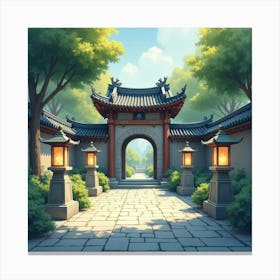 A Serene Temple Courtyard With Stone Lanterns, Softly Glowing In Watercolor Hues 1 Canvas Print