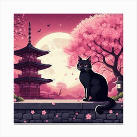 Japanese Cat In Cherry Blossom Canvas Print