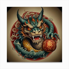 Neo oriental tattoo style dragon with a daruma and a kappa cs Canvas Print