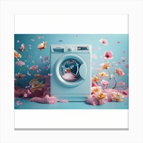 Blue Washing Machine With Flowers Canvas Print