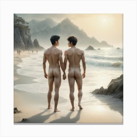 Two Naked Asian Gay Men On The Beach Canvas Print