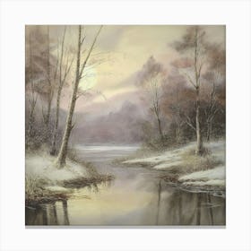 Ancient landscapes, old winter oil paintings and rocks around the lake bank. Snow is falling on the lake, old colors.6 Canvas Print