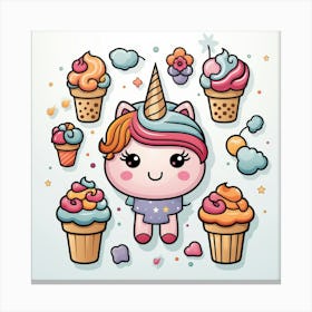 Cute Unicorn With Cupcakes Canvas Print