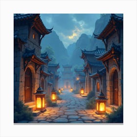 Mystical Lanterns Glowing In An Ancient City, Watercolor 1 Canvas Print