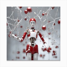 Porcelain And Hammered Matt Red Android Marionette Showing Cracked Inner Working, Tiny White Flowers Canvas Print