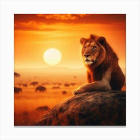 In the heart of the savanna, as the sun begins its fiery descent below the horizon, a majestic lion perches atop a weathered rock, surveying his kingdom with regal poise. The golden hues of twilight bathe the sprawling landscape, casting a warm and ethereal glow upon the scene. The lion's mane, a testament to his strength and virility, flows in the gentle breeze, accentuating his regal bearing. His eyes, like glowing amber orbs, are narrowed with an intensity that reflects his authority and vigilance. In this fleeting moment, the lion embodies the untamed spirit of the wild, a symbol of raw power and indomitable pride. Canvas Print