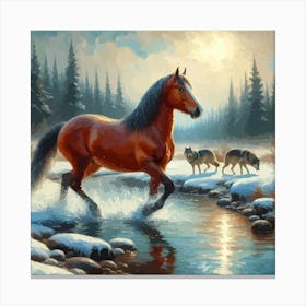 Beautiful Horse In Stream With Wolves Copy Canvas Print