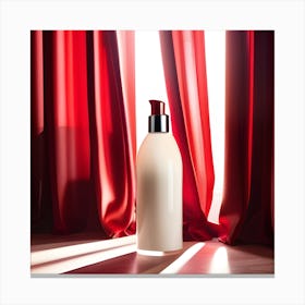 Bottle Of Lotion In Front Of Red Curtains Canvas Print