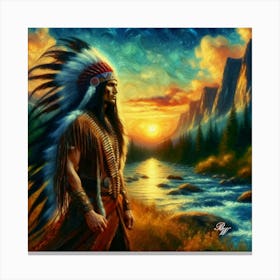 Oil Texture Native American Warrior By Stream 5 Canvas Print