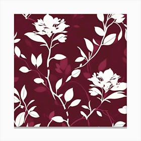 Branch With White Leaves And Flowers On Burgundy Background Canvas Print