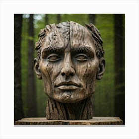 Weathered Wooden Sculpture Featuring Human Facial Characteristics Set Against An Understated Backdr (1) Canvas Print